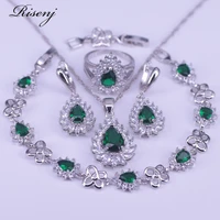 russian hot sale pear green zircon 925 sterling silver jewelry set for women earrings ring necklace bracelet set bridal jewelry