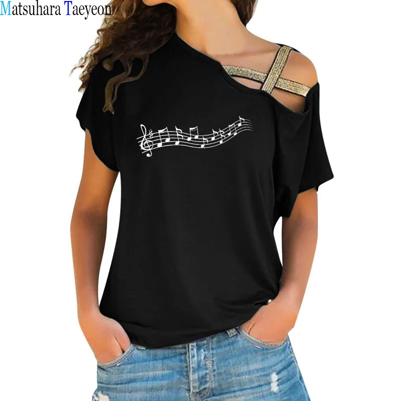 

Футболка женская Асимметричная с коротким рукавом и музыкальным принтом, 2021