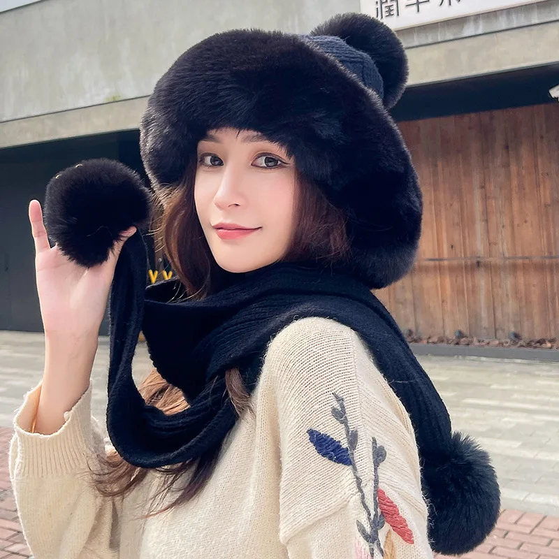 Зимние женские меховые шапки защитные для ушей вязаные теплые пушистые плюшевые