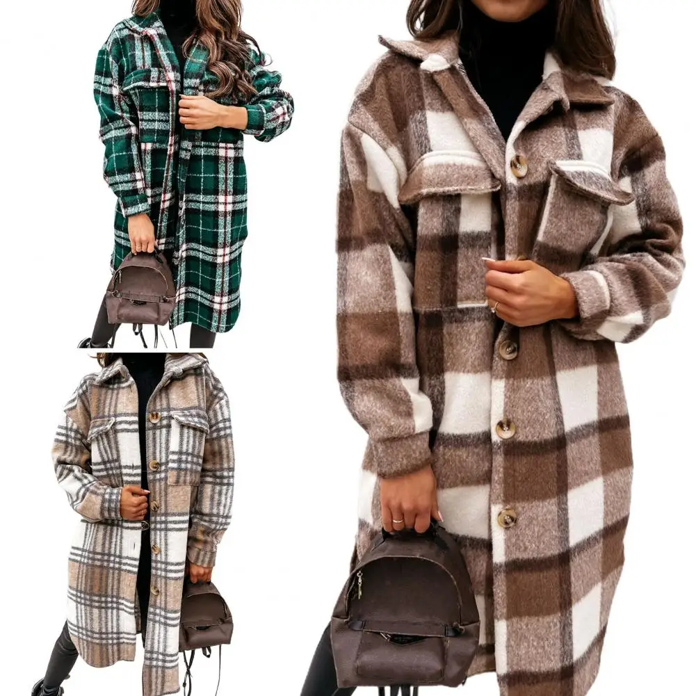 

Women Autumn Plaid Long Sleeve Turn Down Collar Coat Buttons Mid-length Jacket
