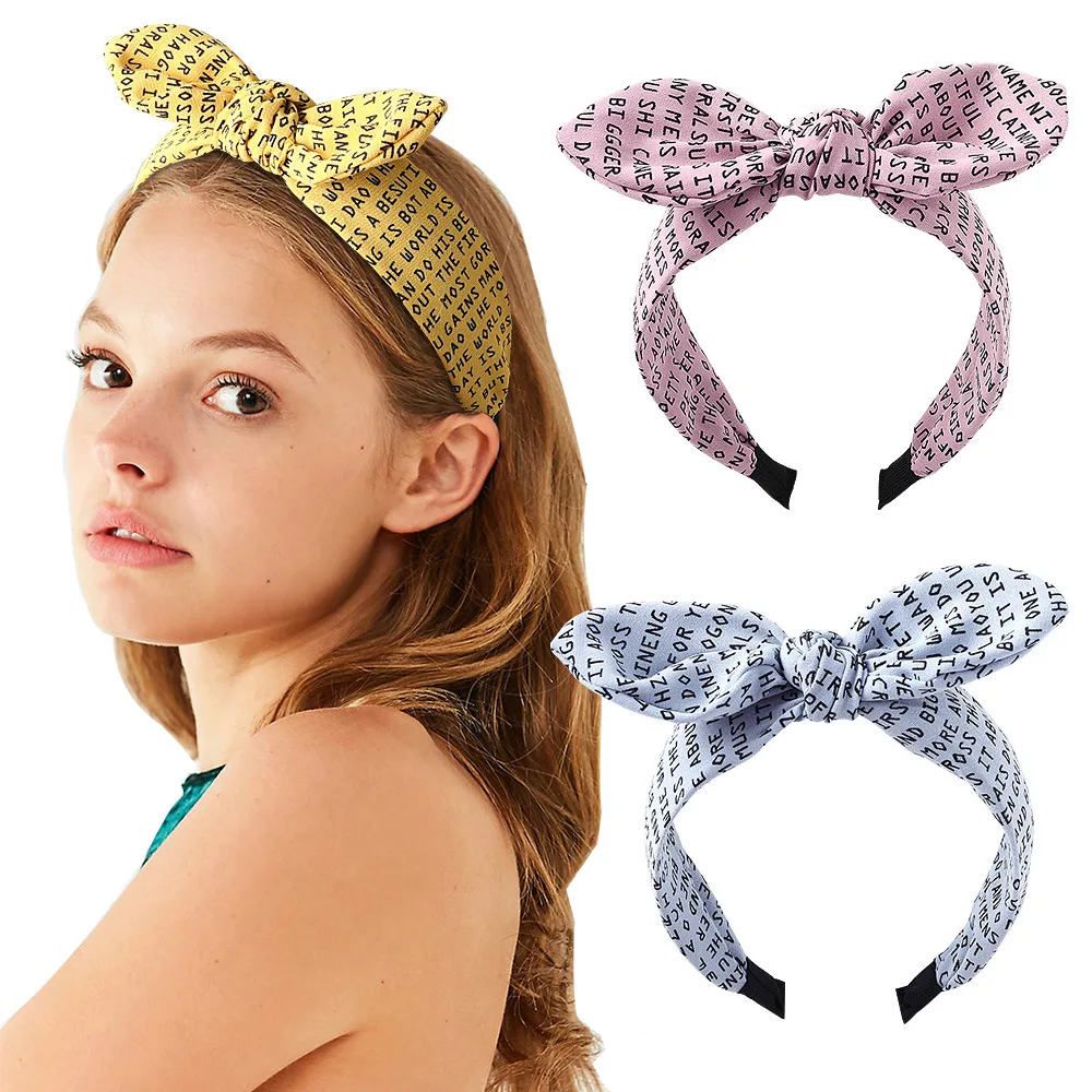 

Bunny Ears Girls Hairband Letter Printed Rabbit Ears Wide Fabric Headband Wide Hair Hoop Hairbands Women Hair Accessories