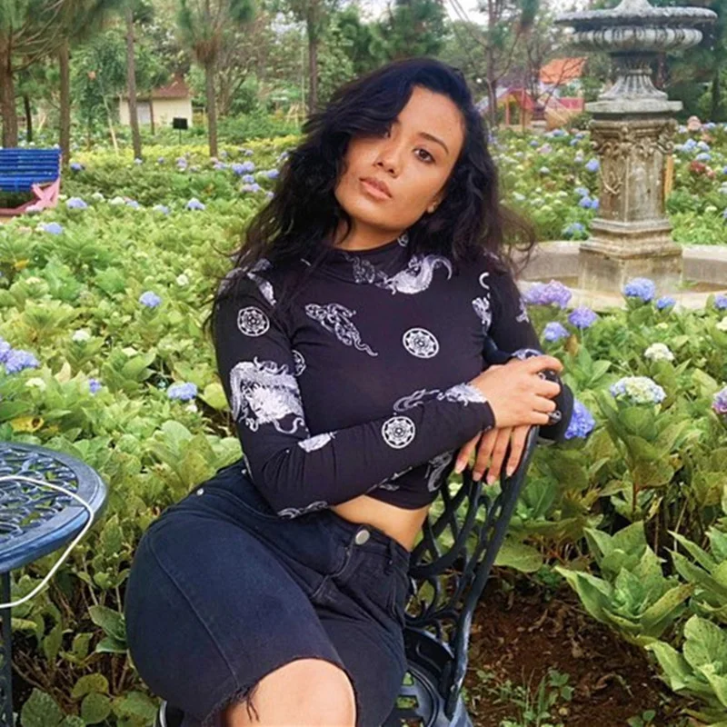 Футболка с принтом китайского дракона для фитнеса женская одежда готический