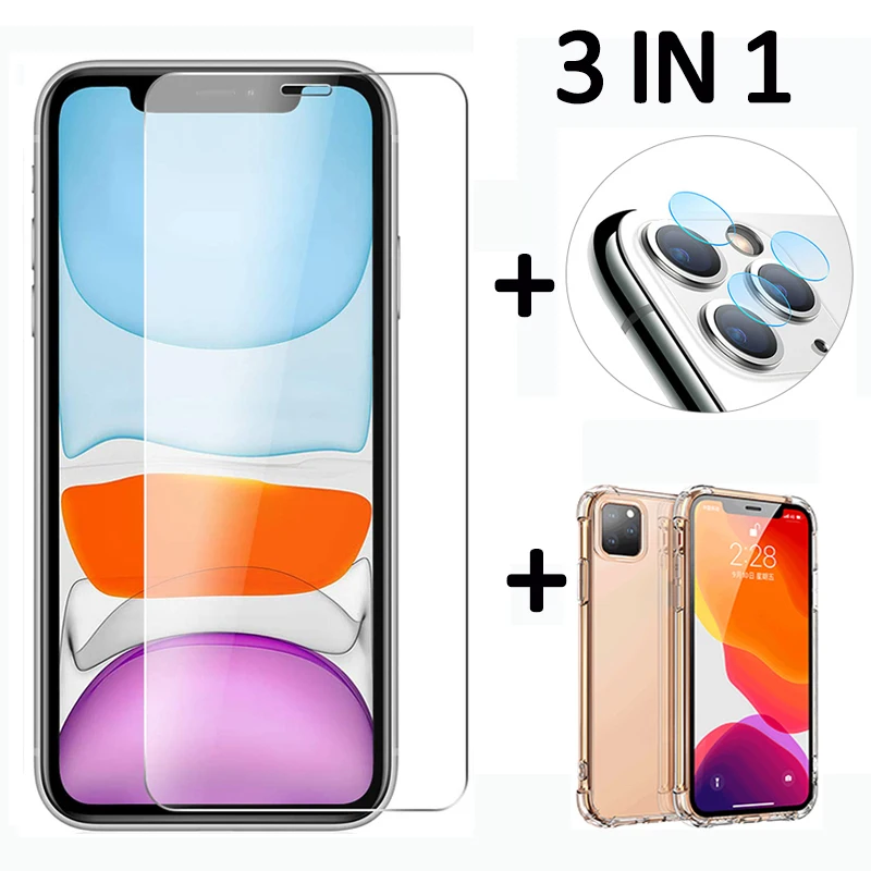 Закаленное стекло 3 в 1 для Apple iphone 11 pro max чехол X XR XS Max защитная стеклянная пленка