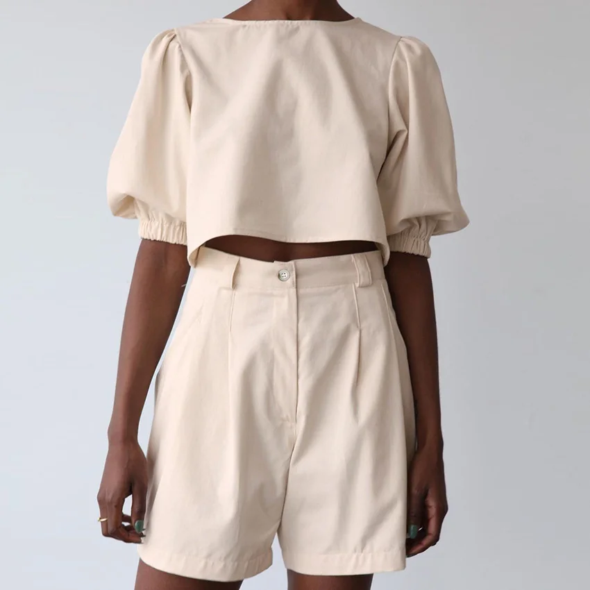 

2021 Summer Fashion Casual Short Sleeve Shirt Set women's shorts trousers bubble sleeve top two-piece set