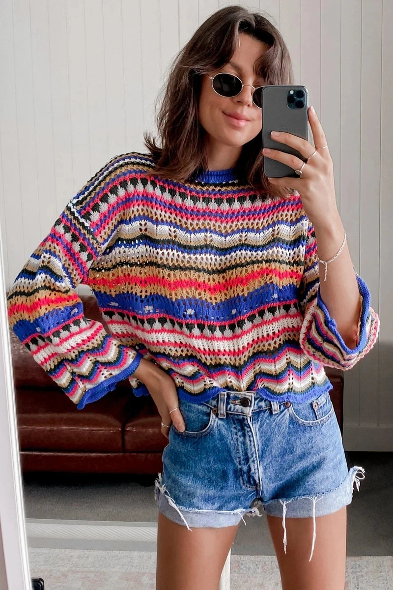 

Rainbow Sweater Autumn Winter Women Casual Round Neck Long Sleeve Loose Pullovers Lady Fashion Patchwork Knitted Striped Sweater