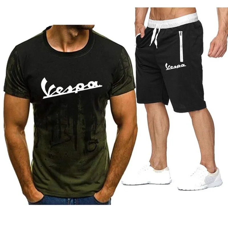 

2020 New Summer Mens Sets Vespa Short Sleeve Print Tracksuit Sportswear Casual 2 Pieces Set T-Shirt+ Shorts Male Clothes