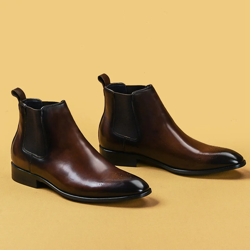 Мужские ботильоны из натуральной кожи с острым носком на высоком каблуке|Ботинки