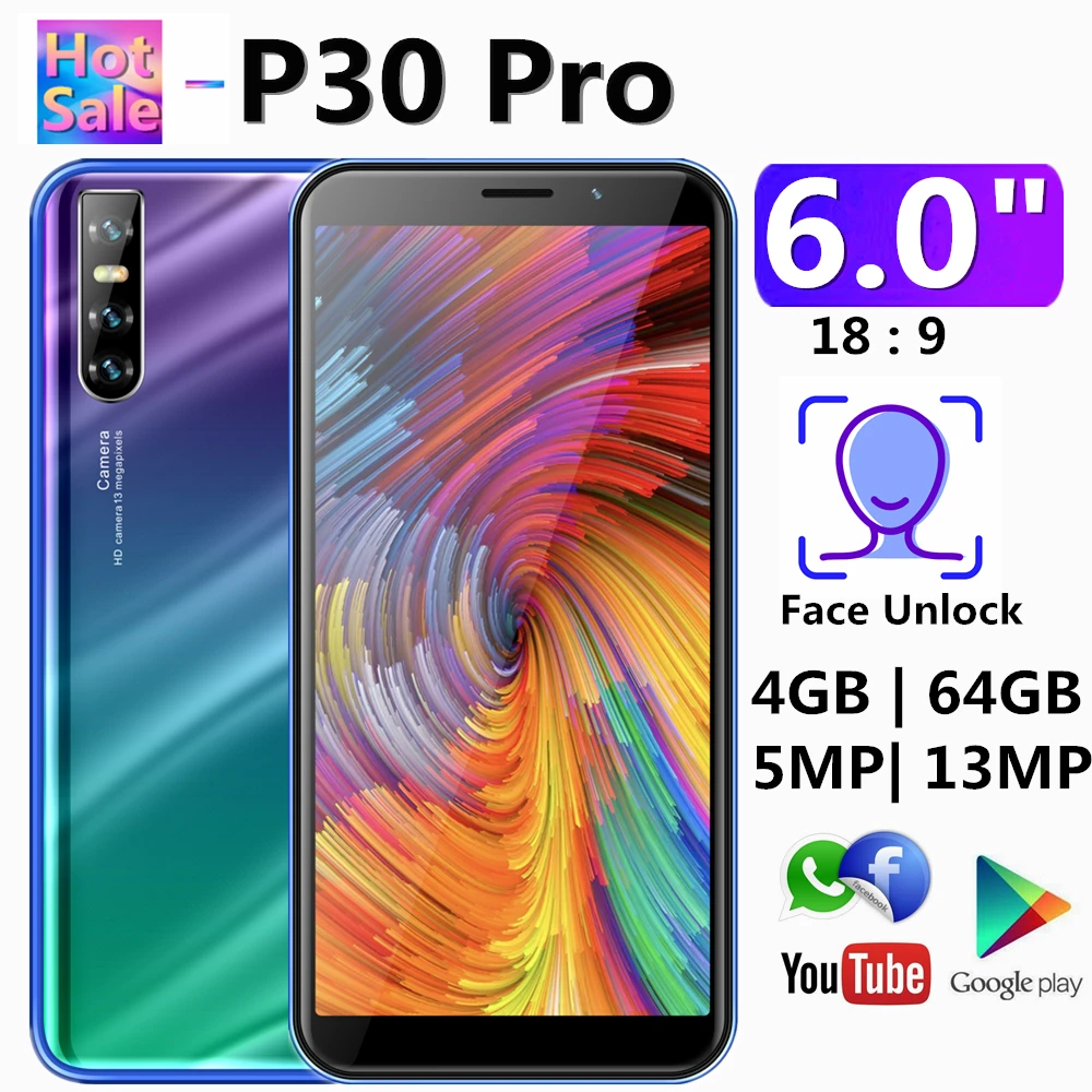 Мобильный телефон P30 Pro, 18:9, 6,0 дюймов, 4 Гб ОЗУ, 64 Гб ПЗУ, камера 13 МП, смартфоны, Android распознавание лица, разблокировка мобильных телефонов