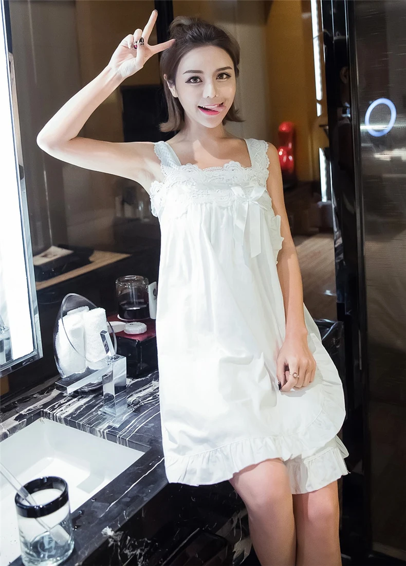 2022 Princess Cotton lace Nightgown Female Lovely Home Sleepwear Sky Blue/Write Sexy Sleeveless Sleepshirt Nightdress AB105 | Женская