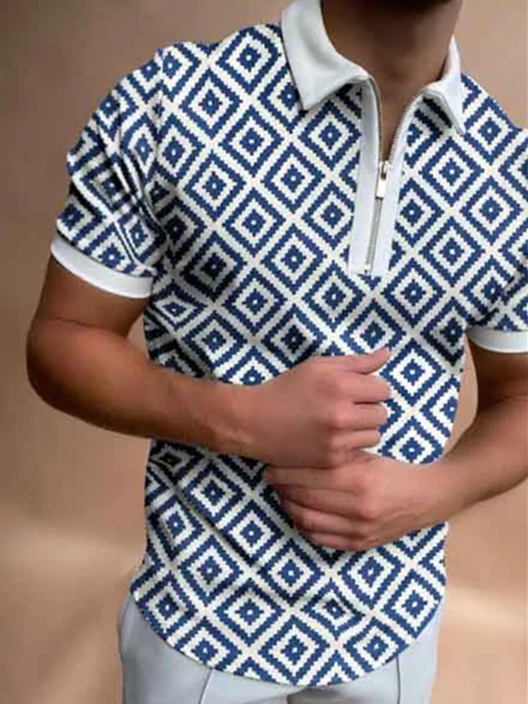 

Men Casual Short Sleeve Lapel Printed Squares Polo Shirt 2021 Summer Streetwear Casual Fashion Men Zippers Polo Shirt