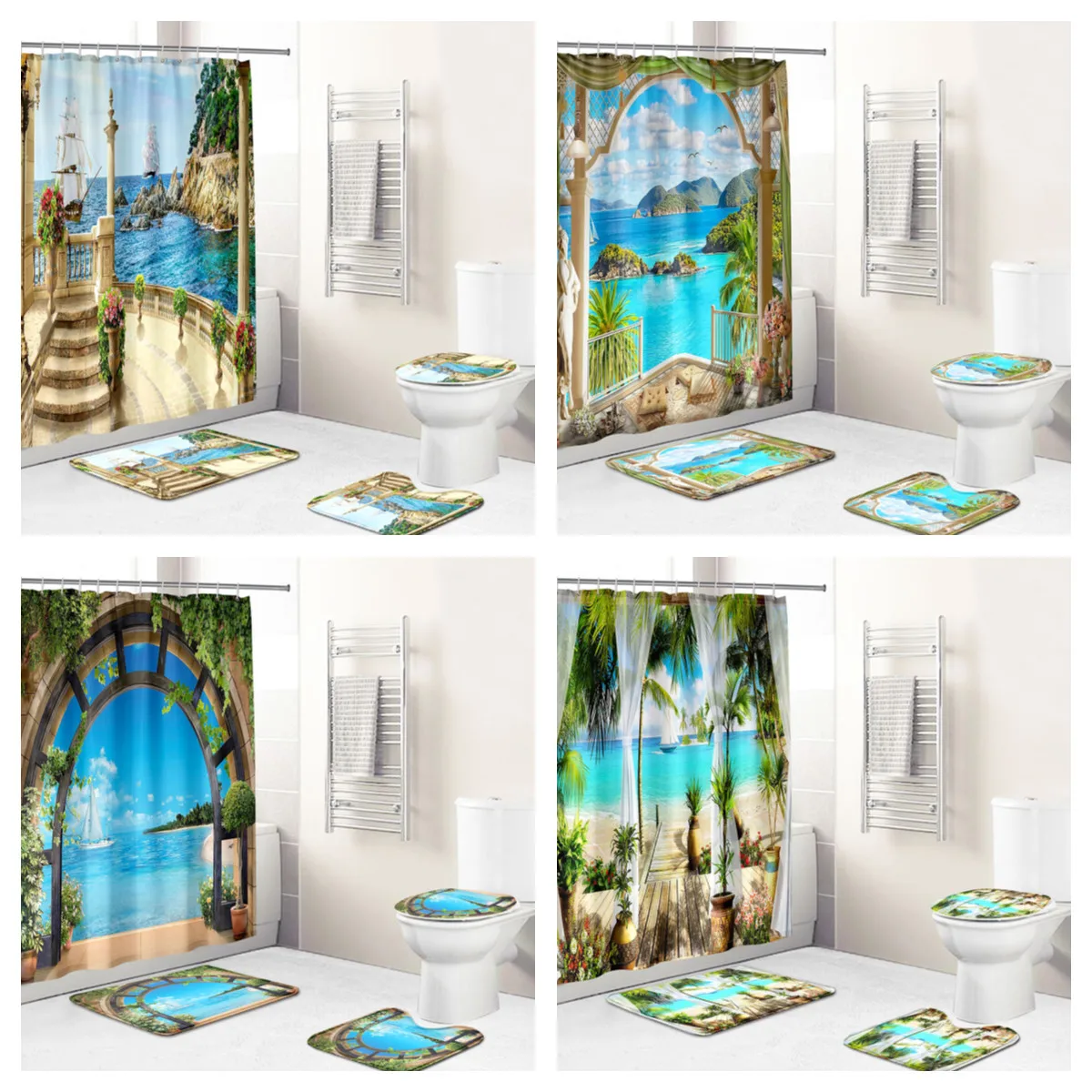 

3D Plant Landscape Waterproof Fabric Bathroom Accessories Shower Curtain 4 Sets of Non Slip Carpet Bathroom Cover Bath Mat