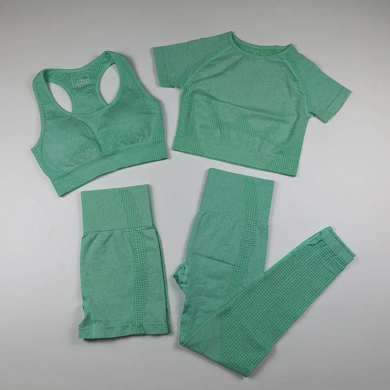 

Бесшовные леггинсы + короткий топ с коротким рукавом + спортивный бюстгальтер + спортивные шорты комплект из 4 предметов для йоги спортивная ...