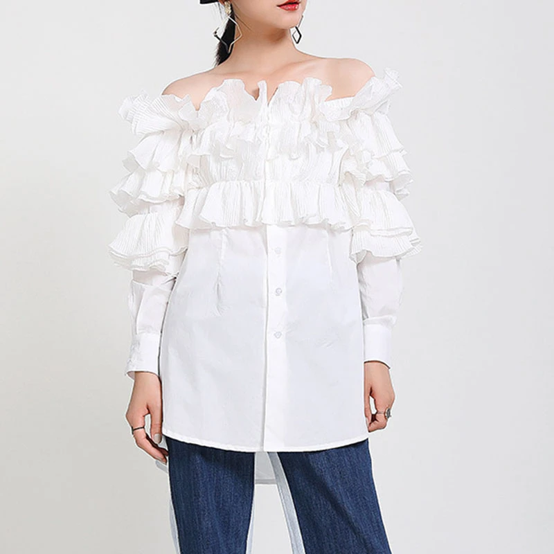 

SeeBeautiful Loose Dress Slash Neck Long Sleeve Pleated Ruffles Single Breasted Woman Summer 2021 New Fashion Tide T695