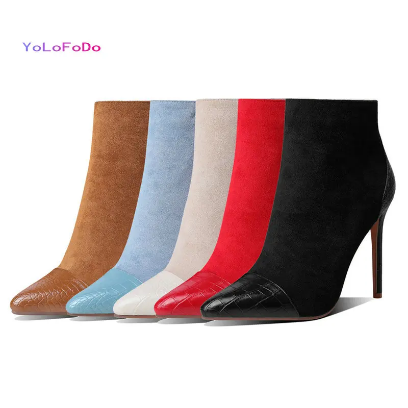 

Plus Size 2021 Women Ankle Boots Faux Suede Women Thin High Heel Boots Pointed Toe Side Zipper Ladies Short Boots Black Red Blue