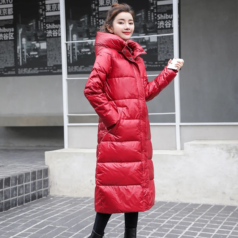Пуховик женский длинный на белом утином пуху парка женская зимняя куртка длинное