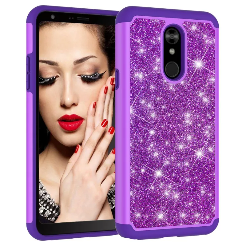 Purple Блестящий чехол для LG Stylo 5 4 G8 G7 V40 Q7 ThinQ Q Stylus 4 Bling двухслойный тяжелый ударопрочный чехол для девочек для LG K40 K8 K10 - Цвет: Purple