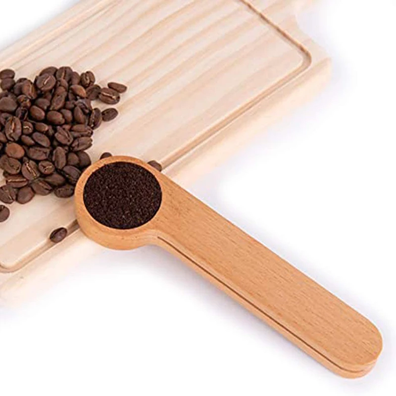Cuchara de madera maciza de haya para caf&eacute;, cuchara medidora con Clip para bolsa, regalo, venta al por mayor, 100 unids/lote-3