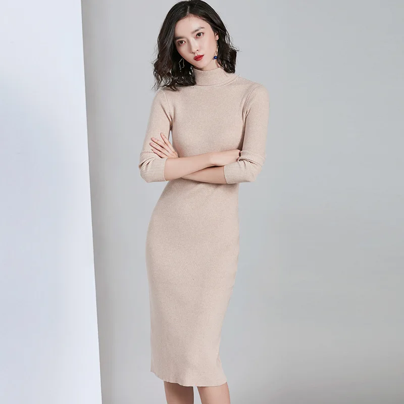 

Long Turtleneck Sweater Women Pullover Autumn and Winter New Korean Style Slim Knit Skirt Over-the-knee Bottoming Sweater