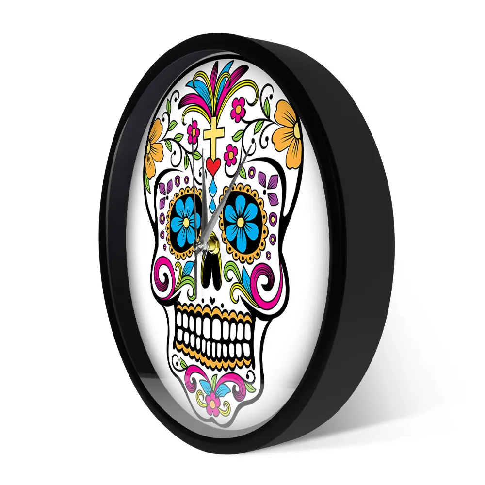 

Mexican Candy Sugar Skull Head Sound Control Wall Clock Watch Clocks Home Decor Day of the Dead Floral Skeleton Smart Horologe