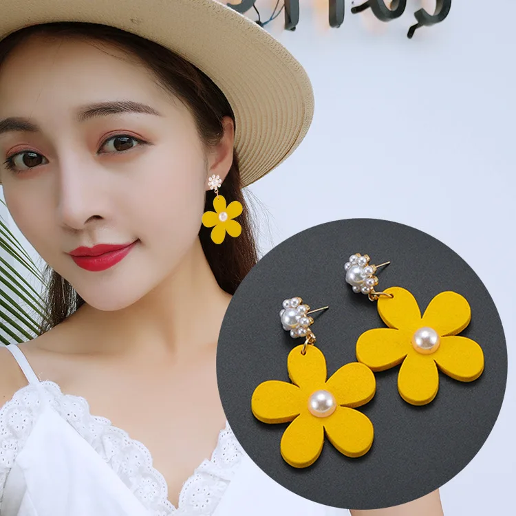 Модные желтые цветы деревянные простые имитация жемчуга темпераментные