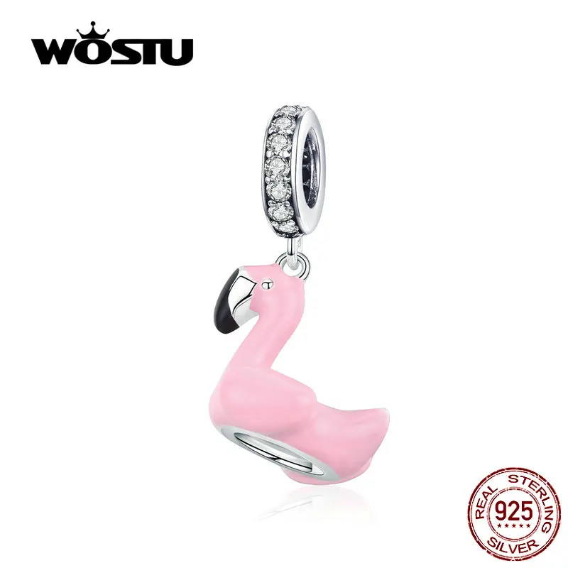 WOSTU, Розовый фламинго, подвеска, шарм, 925 пробы, серебро, циркон, бусины, подходят к оригинальному браслету, подвеска, серебро 925, ювелирное изделие CQC1240