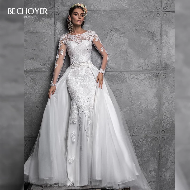 Свадебное платье Русалка 2 в 1 с длинным рукавом и открытой спиной со съемным