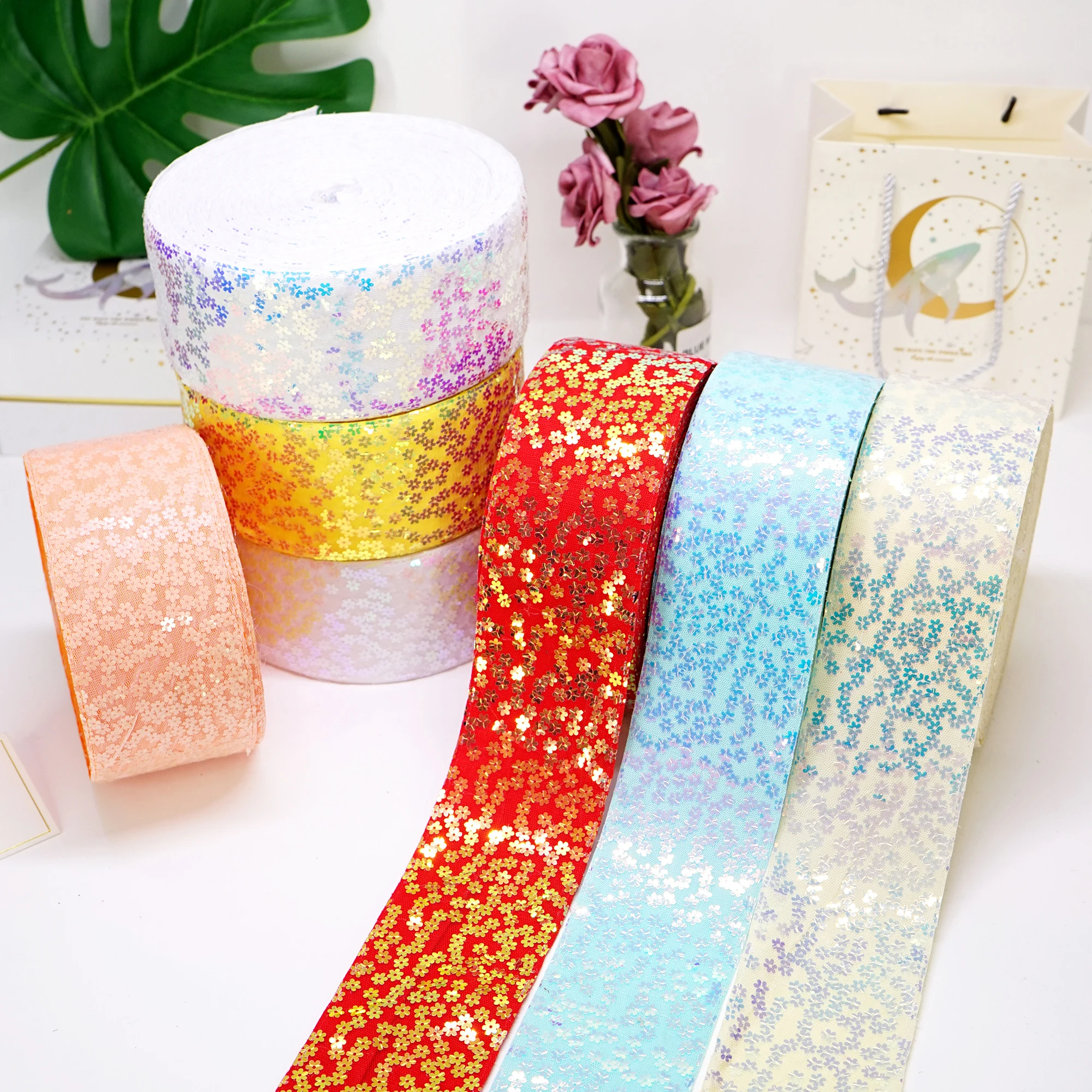 

5 Yards 3" 75mm Width Sequin Ribbons For Bows DIY Craft Decoration Packaging Supplies. A2121003