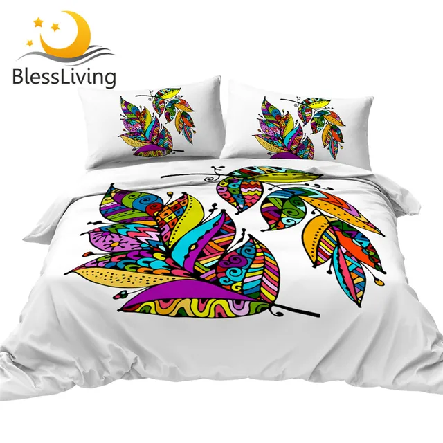 BlessLiving Art Feathers Duvet Cover Set Geometric Bedding Set Tribal Quilt Cover With Pillowcases Colorful Leaf Bedspreads 3pcs 1