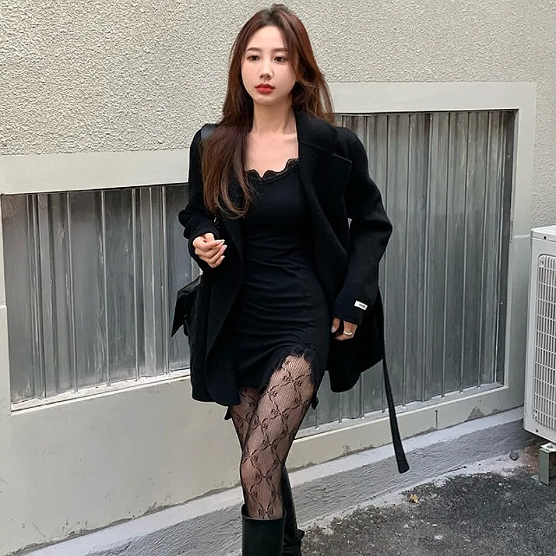 

Slit Sexy Dress Korean Ins Personality Dark Slim Fit Slimming V-Neckline Lace Trim Inner Wear Long Sleeve Short Dress