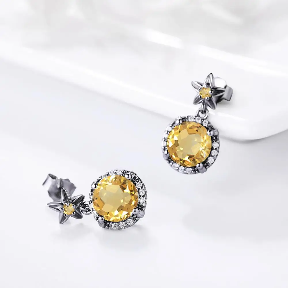 Женские серьги-гвоздики в готическом стиле с желтым цитрином черного и золотого