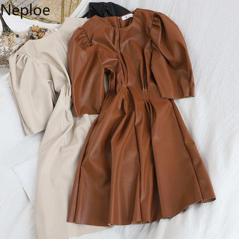 Женское платье с высокой талией ТРАПЕЦИЕВИДНОЕ кожаное в стиле ретро Модное