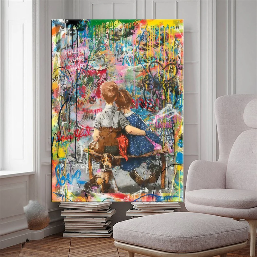 

Graffiti Boy Girl Hugging Art Posters Wall Canvas Painting Graffiti Little Dog Lover Art Picture for Living Room Home Decoration
