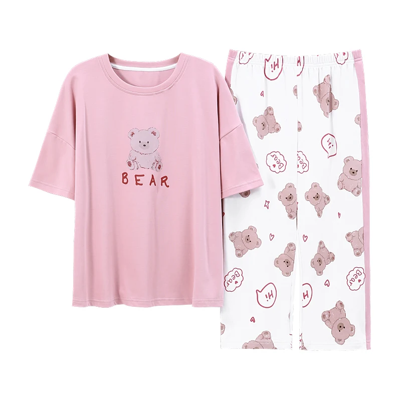 

Newest Summer Knitted Cotton Women Pajamas Set Cute Cartoon Pijamas Short Sleeve Calf-Length Female Home Clothing