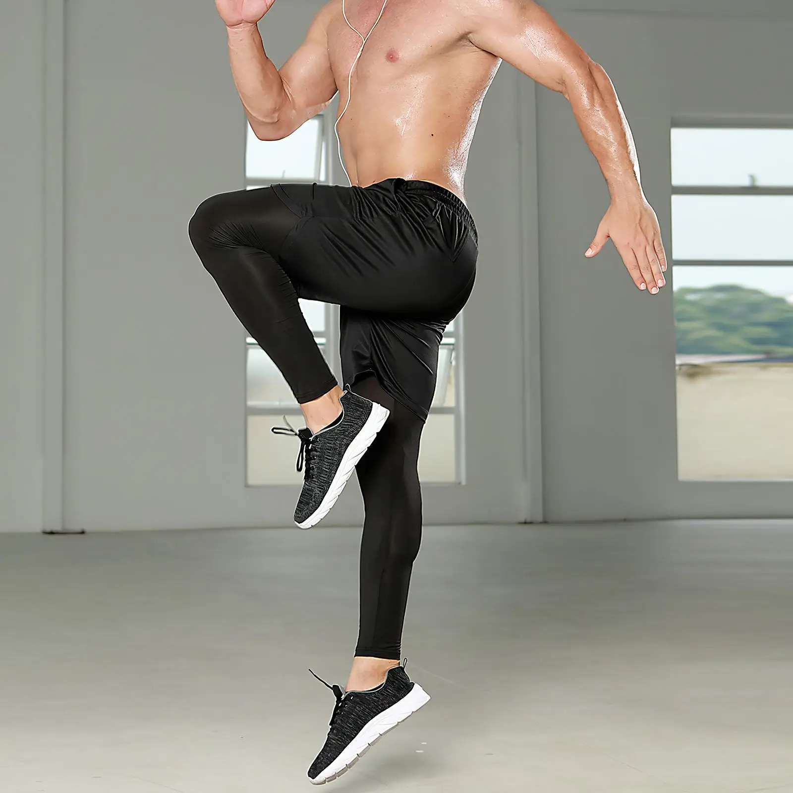 

2021 Black Running Fitness Pants With Pocket Men 2 In 1 Double-Deck Quick Dry GYM Sport Fitness Jogging Workout Men Sports Pants