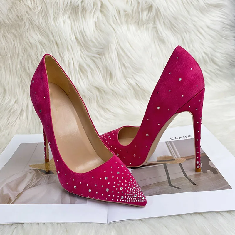 Keshangjia Ms grace diamond mei red suede pointed high-heeled shoes sexy stilettos 12 cm peep-toe party dress 33 to 45 yards