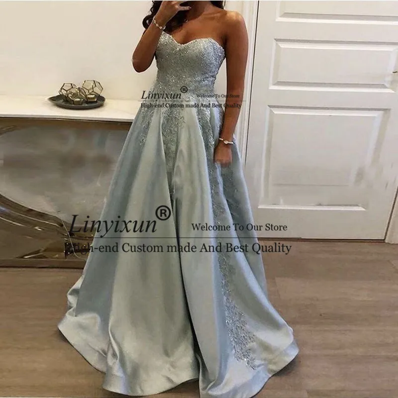 

Elegant Sweetheart A-line Prom Dresses Appliques Beading Floor Length Prom Dress Custom Made Satin Blue Formal Evening Gown