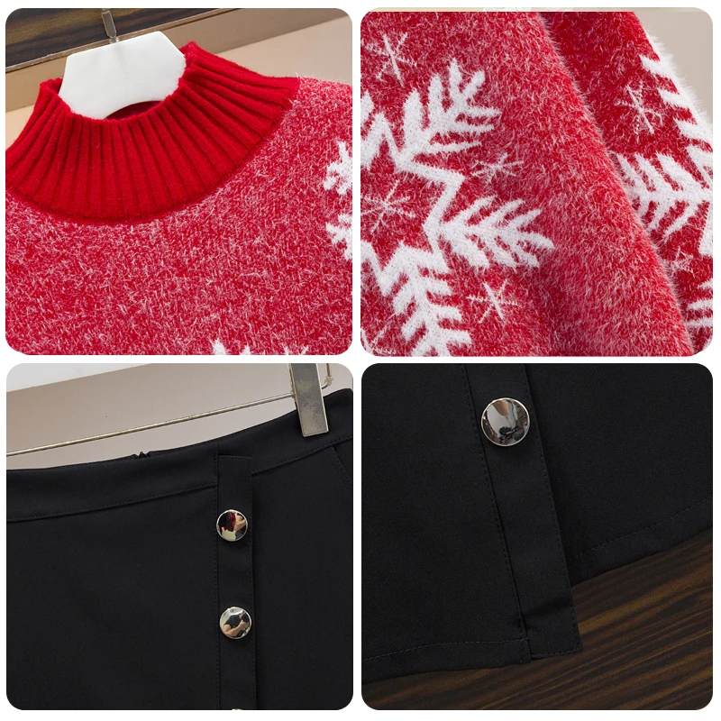 

New Winter Women Half A Turtleneck Christmas Red Head Set Loose Pullover Sweater & A Line Irregular Black Skirt Suits Female