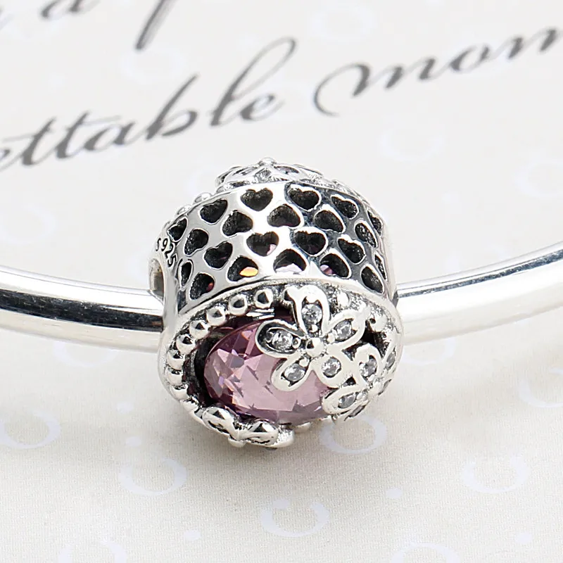 

925 Sterling Silver Luxury Hollow Heart Three Flowers Bright Pink CZ Beads Fit Original 3mmCharm Bracelet Jewelry Making