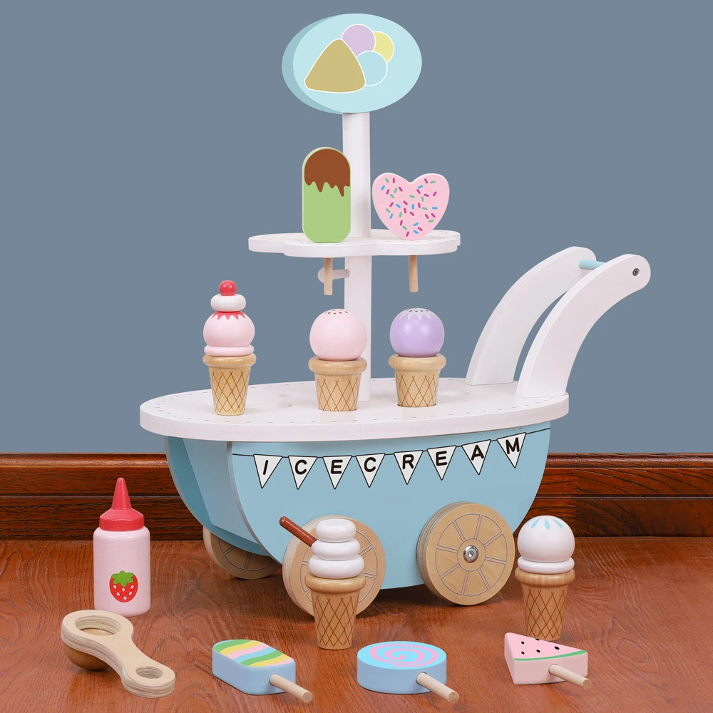 

New Wooden Kitchen Toys Play House Simulation Ice Cream Trolley Pretend Play Toys Ice Cream Supermarket Children Gift Girls Toys