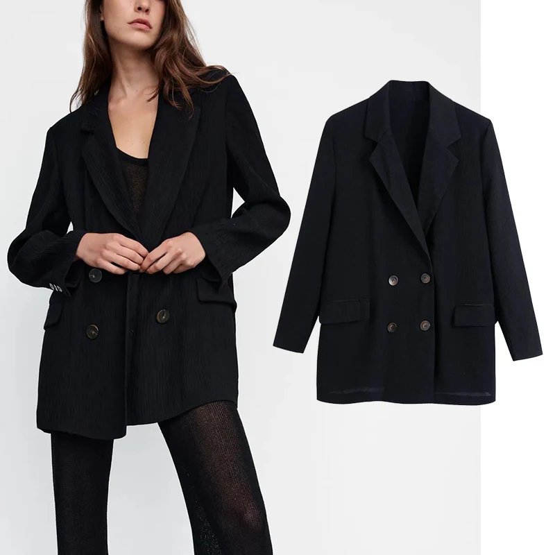 

Za 2021 New Fashion Women Solid Blazer Coat Vintage Double Breasted Long Sleeve Female Outerwear Chic Tops BB4108
