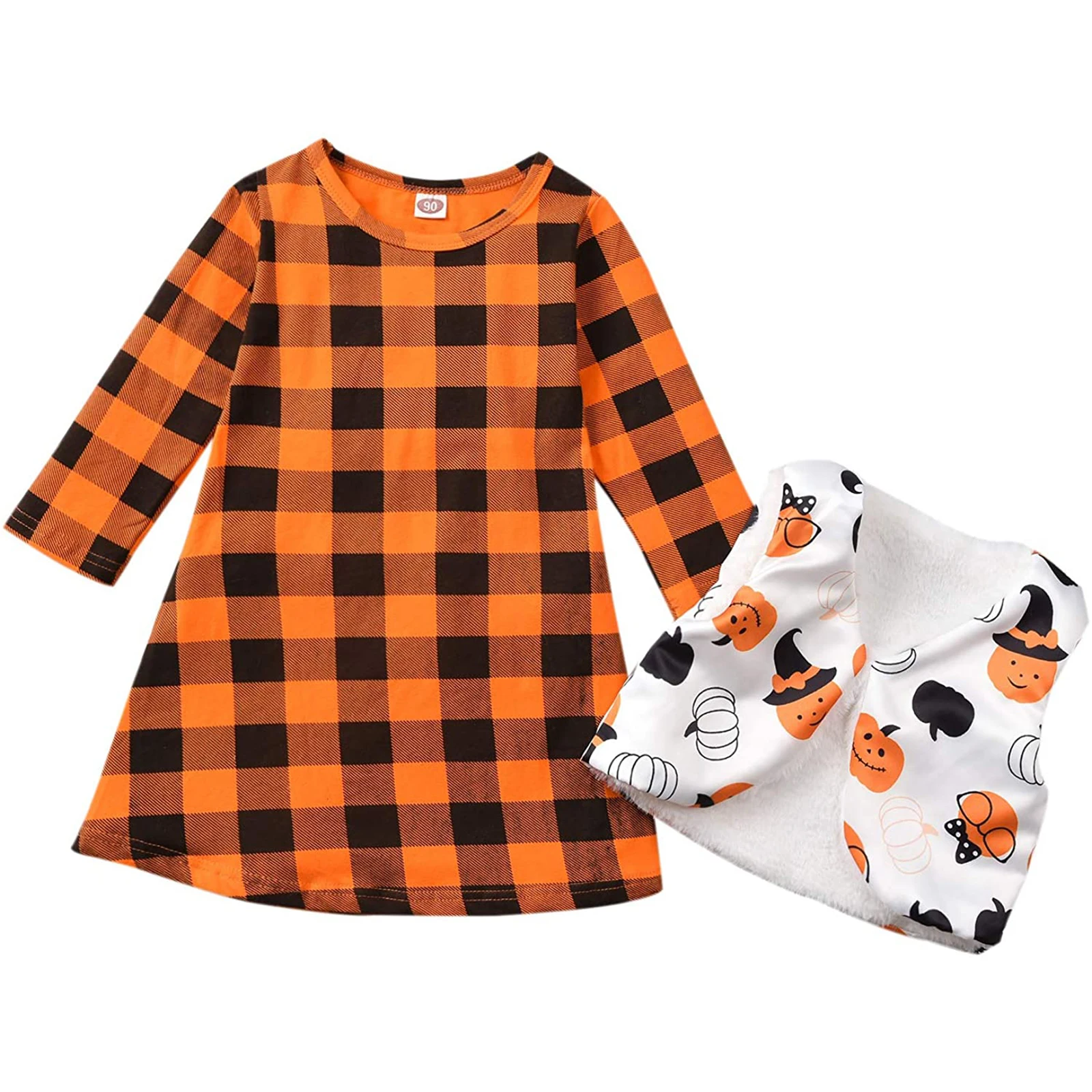 

12 шт., детский наряд на Хэллоуин, платье в клетку с круглым вырезом и длинными рукавами + жилет с тыквой из мультфильма для девочек