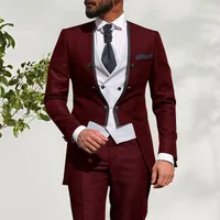Custom Made Men Suits Burgundy and White Groom Tuxedos Round Lapel Groomsmen 3 Pieces Set ( Jacket + Pants + Vest + Tie) D373