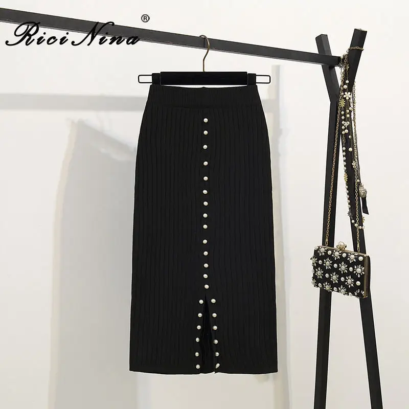 Black Skirt women RICININA, вязаная юбка, женские юбки, Осень-зима, высокая талия, эластичные, Длинные пуговицы для юбки, одноцветная, с разрезом, элегантные, макси, Jupe Femme - Цвет: Black Skirt women