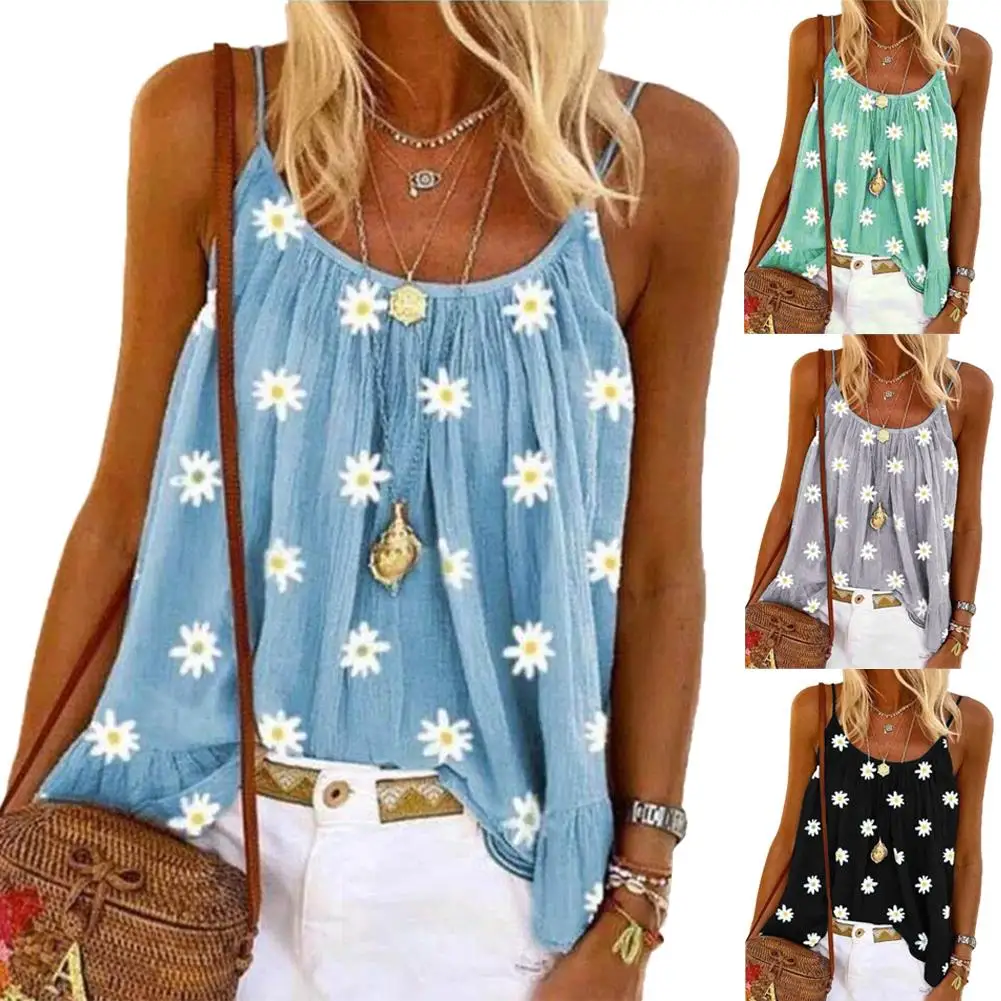 

3XL Women Fashion Sleeveless Marguerite Print Pleated Camisole Vest Loose Blouse Top