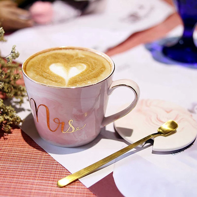 Mr Mrs Coffee Mugs Set Ceramic Marble 15Oz Cup With Lids And Spoon In Gift Box Pink |