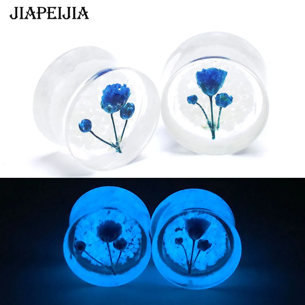 

8-30mm Handmade Blue Real Flowers Acrylic Ear Gauges Plugs Earlets Flesh Tunnel Ear Piercing Earring Glow in the Dark