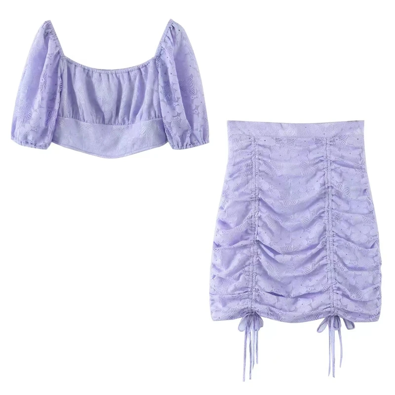 

ZXQJ женский фиолетовый кружевной топ, юбка, костюм 2022, Весенняя мода, женские комплекты из двух предметов с пышными рукавами и кулиской, женск...