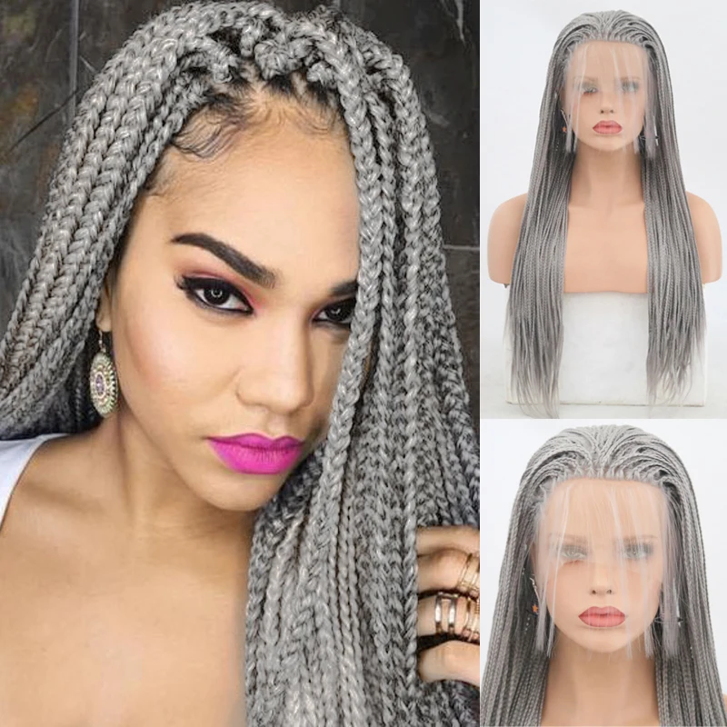

Charisma Silver Grey Braided Wigs Synthetic Lace Front Wig Free Part Braided Box Braids Wig With Baby Hair Wigs for Black Women
