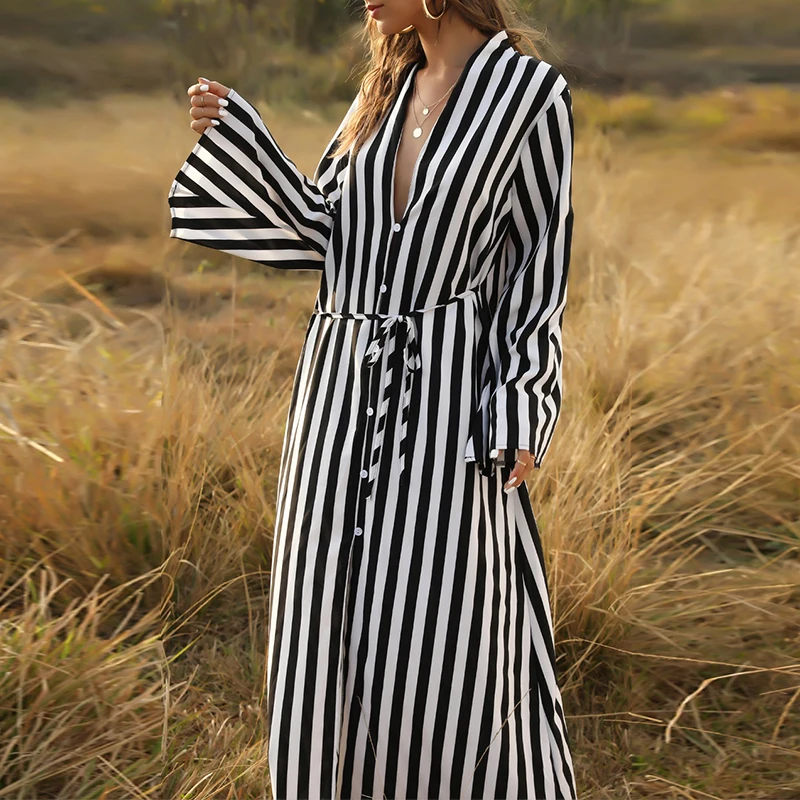Длинный полосатый купальник In-X накидки на пуговицах Пляжное Платье женский
