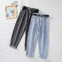 korean fashion cotton women jeans casual ankle length high waist denim trousers pants without belt spring n0092